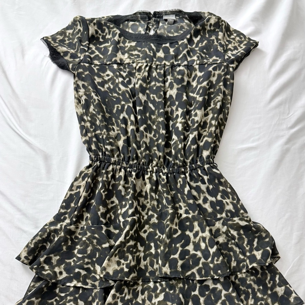 Leopard Print Short-Sleeve Mini Dress in Black and Cream